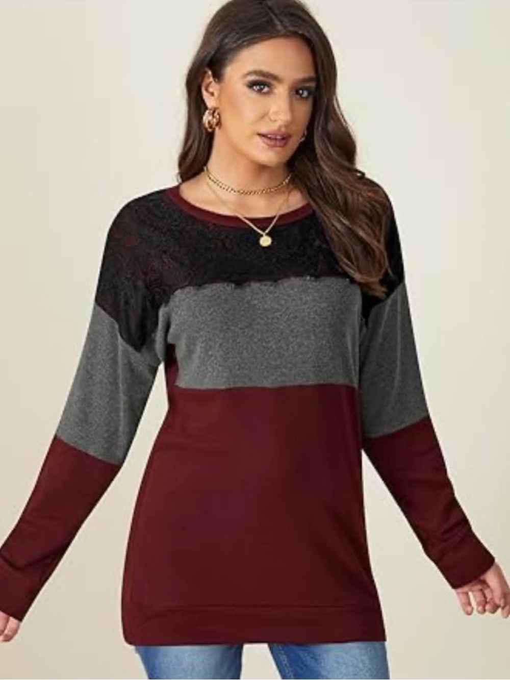 Women's Colorblock Lace Yoke Long Sleeve Top - Burgundy & Gray